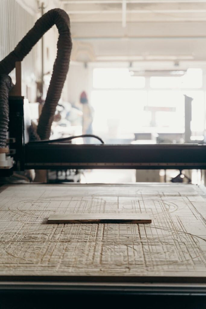 Close-up view of a CNC machine in a workshop, with a focus on the carved details.
